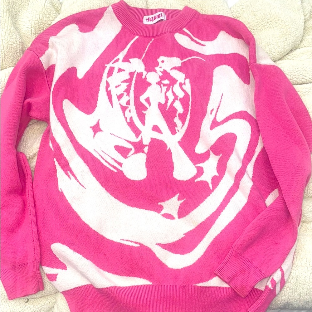 Pink and White Anime Graphic Sweater